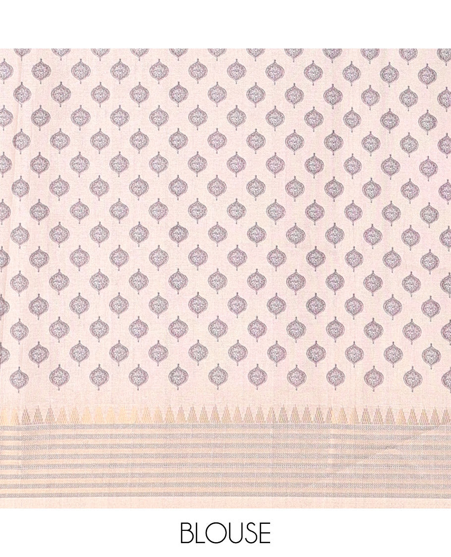 Magenta checked patterned semi-tussar saree with contrast temple striped border, Madhubani printed pallu, and a contrast printed blouse