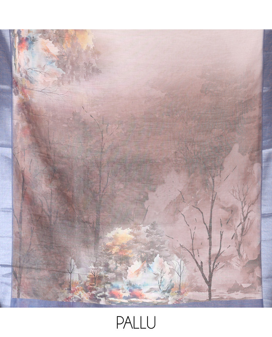 White-Brown Linen Cotton Saree, Meticulously Printed with Nature-Themed Scenery, Contrast Zari Border, and a Contrast Blouse