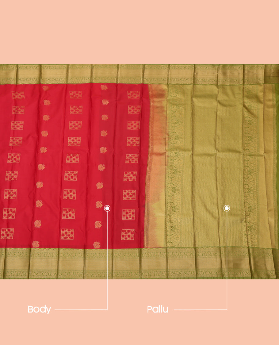 Red Budget Silk Saree, Delicately Decked up with Zari Buttas, a Contrast Traditional Zari Border, Intricate Pallu, and a Contrast Blouse