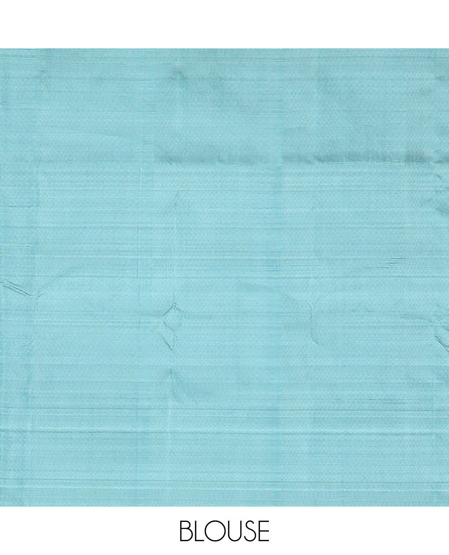 Borderless Sandal Banana Pith Saree, Adorned with Temple Buttas All Over Its Body, Complemented by a Contrast Pallu of Stripes and Temple Buttas, and Paired with a Contrast Blouse