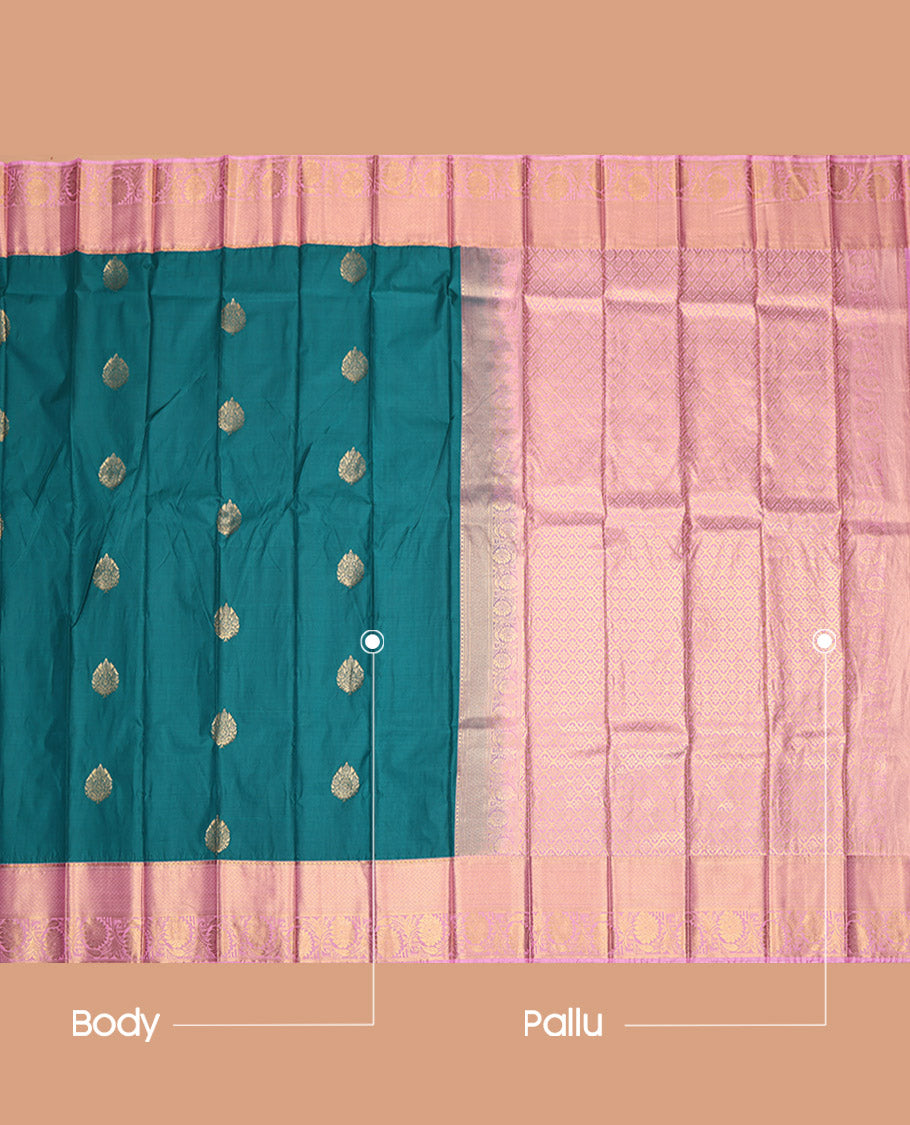 Peacock Blue Budget Silk Saree, Adorned with Zari Buttas, Contrast Traditional Zari Border, Jaal Pallu, and a Contrast Blouse