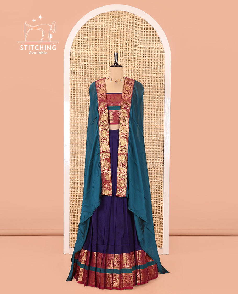 Deep Violet-Rama Mercerised Cotton Half-Saree Features Plain with Contrast Peacock and Floral Creeper Zari Bordered Skirt, Paired with a Matching Blouse, and Comes with a Contrast Floral Creeper Zari Bordered Dhavani