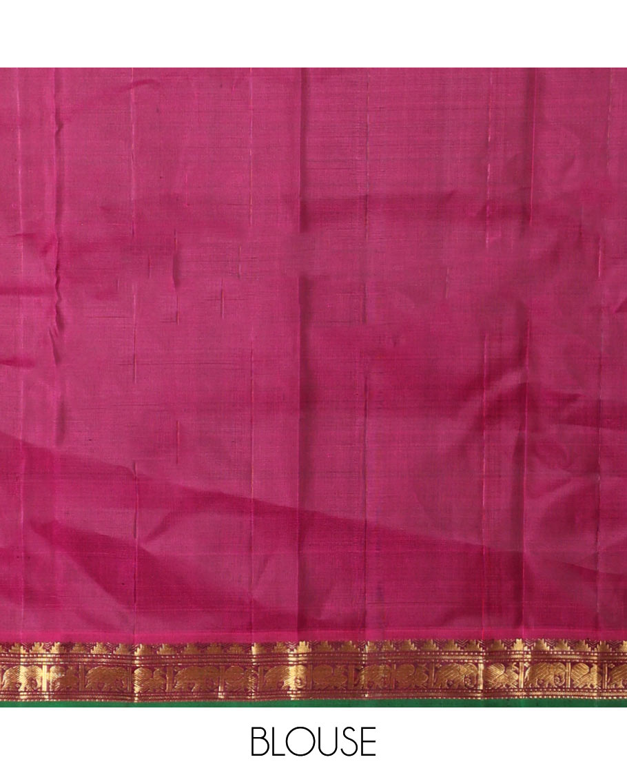 Green buttas kancheepuram silk saree with contrast border of rekku, muthu, yaanai design & checked zari design pallu