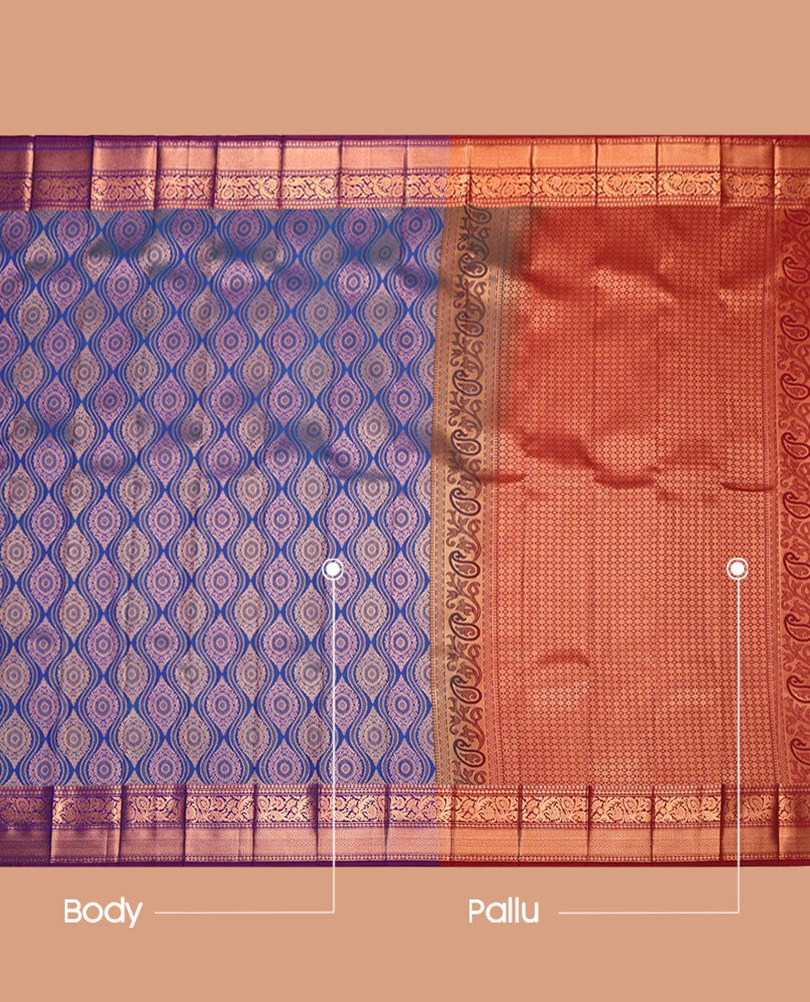 Blue Budget Silk Saree, Highlighted by Ogee Jacquard Design, Complemented by a Contrast Traditional Zari Border, Grand Pallu, and a Contrast Blouse