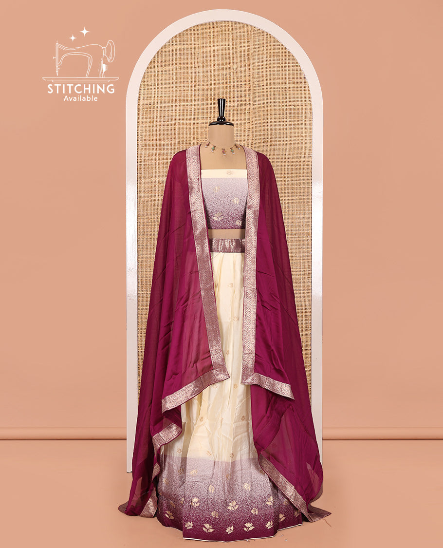Cream-Wine Semi-Silk Half-Saree Featuring Buttas Skirt, Contrast Floral Border, Matching Blouse, Contrast Syska Georgette Dhavani
