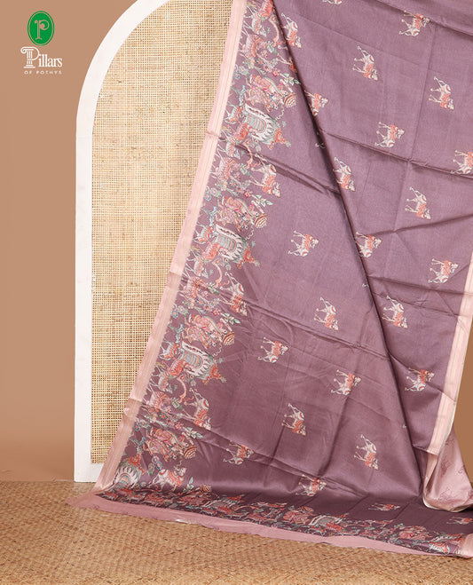 Light purple Pichwai cow printed semi-tussar saree,zari chevron border,pallu of Pichwai cow & human motifs, & Pichwai cow print blouse