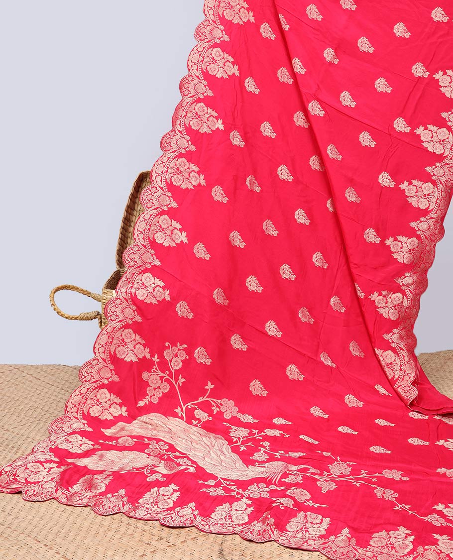 Pink floral buttas semi-banaras dola silk saree with scallop border & peacock design pallu