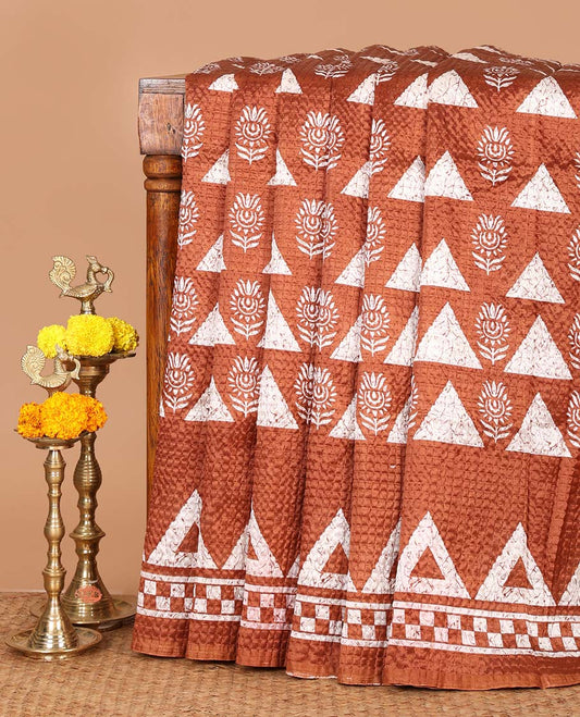 Brown batik-style triangle & floral printed litchi crushed saree,self-border,geometric print pallu & triangle motif printed blouse