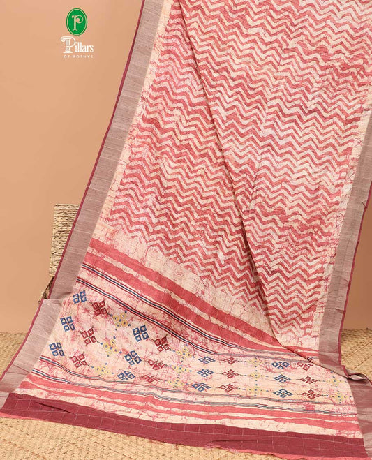 Pink all-over zig zag pathik printed semi tussar saree with bawanchi border & printed pallu along with plain blouse