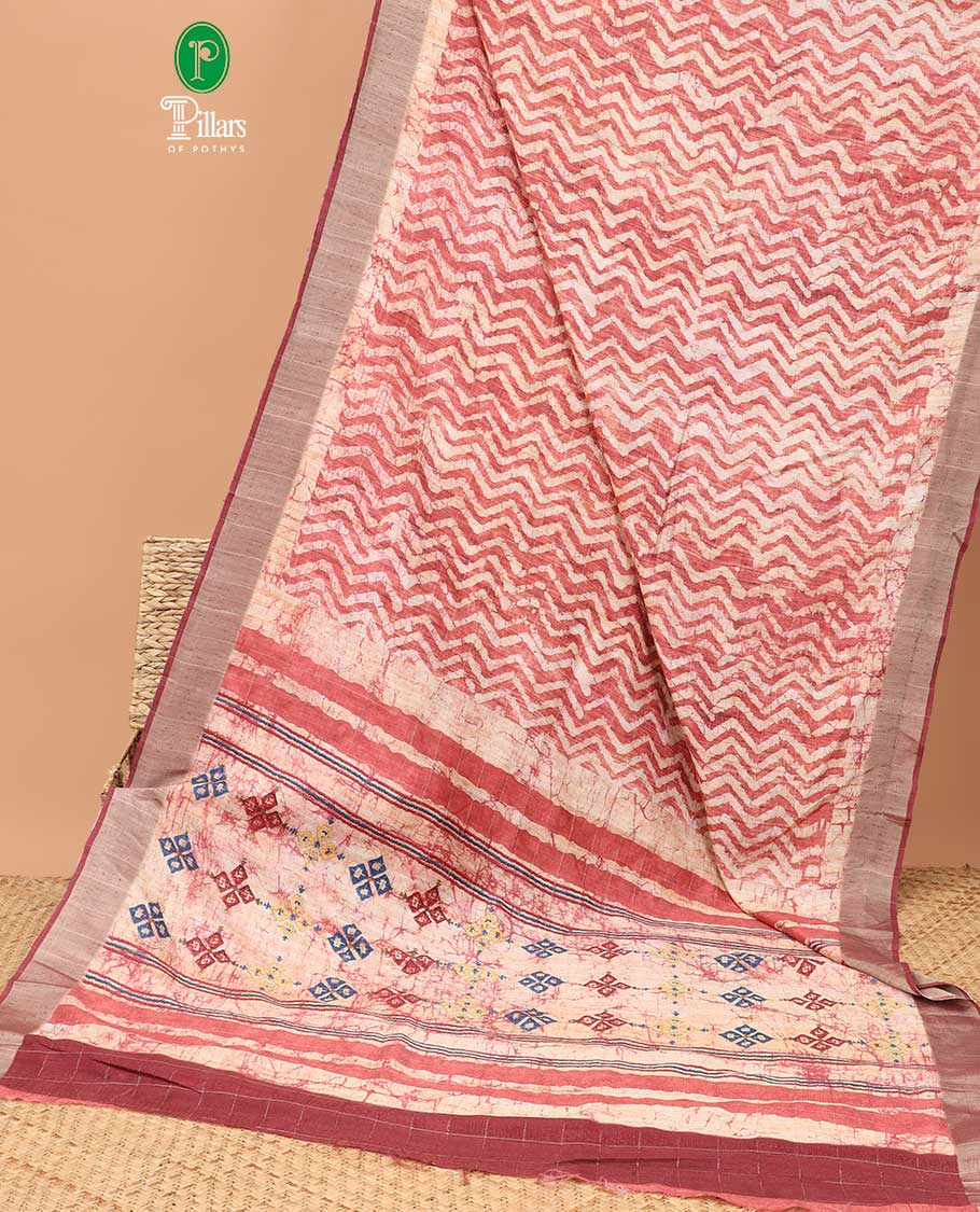 Pink all-over zig zag pathik printed semi tussar saree with bawanchi border & printed pallu along with plain blouse