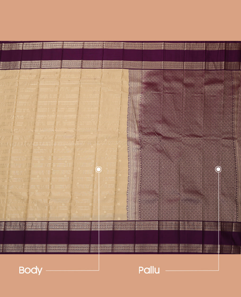 Light Sandal Budget Silk Saree, Subtly Sparkled with Zari Buttas and Stripes, a Contrast Traditional Zari Rettai Pettu Border, Grand Pallu, and a Contrast Blouse