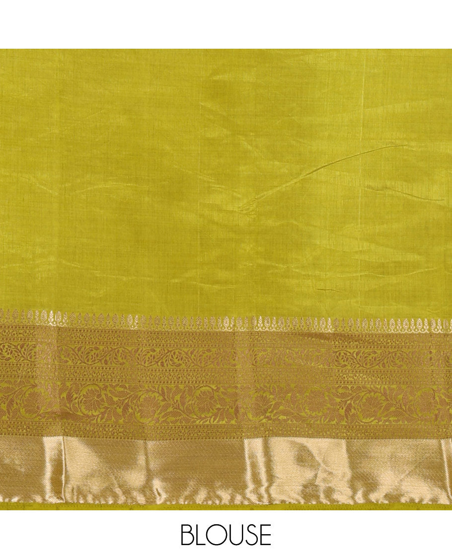 Green plain tussar saree, traditional zari design border, pallu of zari stripes & matching traditional motif border blouse