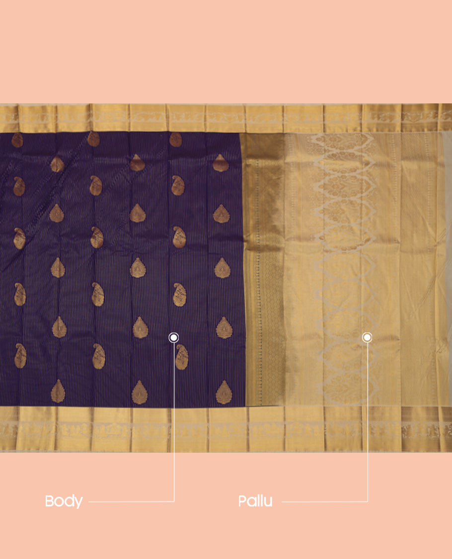 Purple Budget Silk Saree, Enhanced with Paisley-Buttas and Stripes, a Contrast Traditional Wedding Themed Zari Border, a Grand Pallu and a Contrast Blouse
