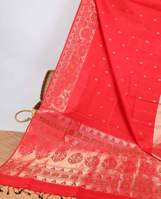 Red floral buttas soft silk saree with self floral zari border & floral zari design pallu