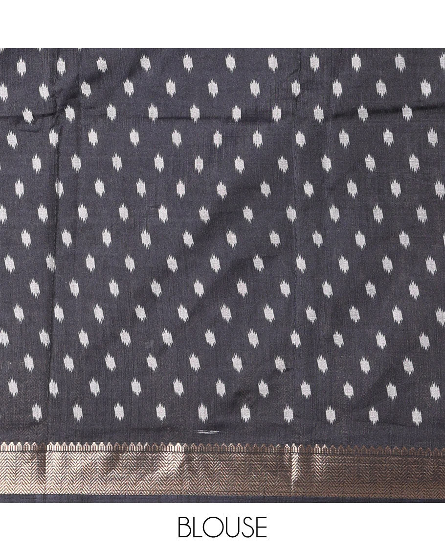 Maroon patola elephant motifs printed Dola silk saree, contrast zari border, and pallu of animal patola motifs print, and a contrast butta printed blouse