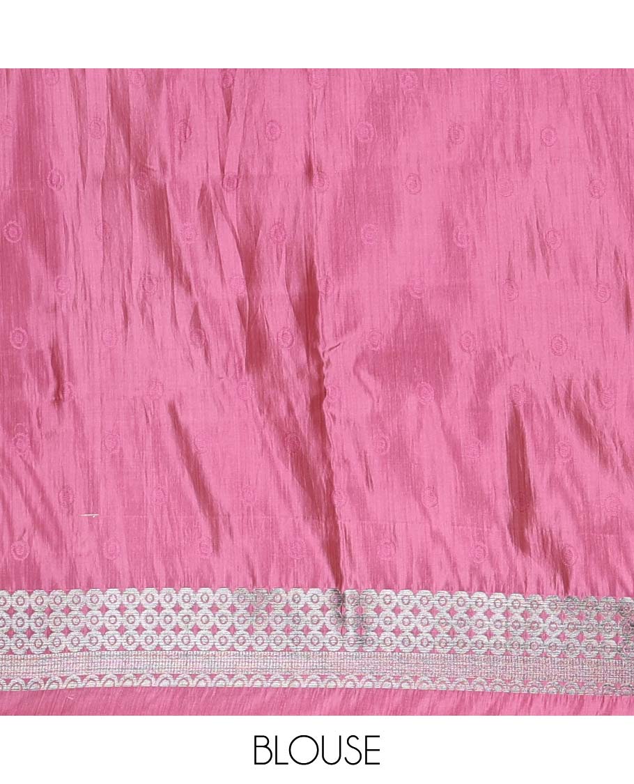 Pink buttas woven semi-tussar saree, zari border, geometric patterned pallu, and a matching blouse