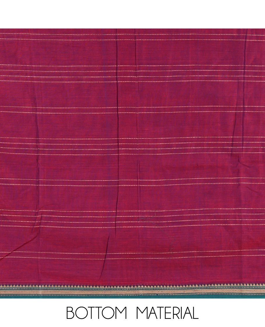 Magenta mercerized cotton material chudidar set,vertical striped contrast border top, matching threadwork bottom & traditional border matching dupatta