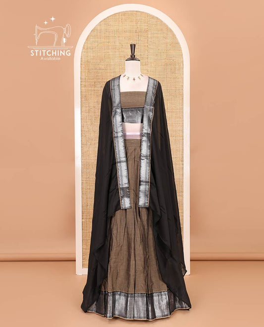 Grey-black Mercerised cotton half-saree, plain & contrast temple geometric border skirt, matching blouse & contrast zari border Vichitra silk dhavani