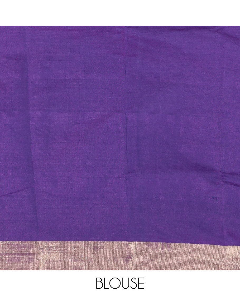 Violet full-plain soft-mercerized cotton saree, zari bavanji border, striped pallu & plain blouse