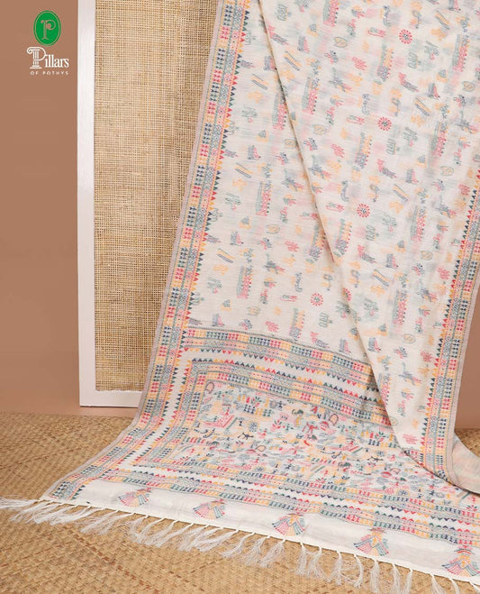 Cream kashmiri work, thread varali thread embroidery banaras jute saree with thread border & kashmiri thread work pallu along with embroidery blouse