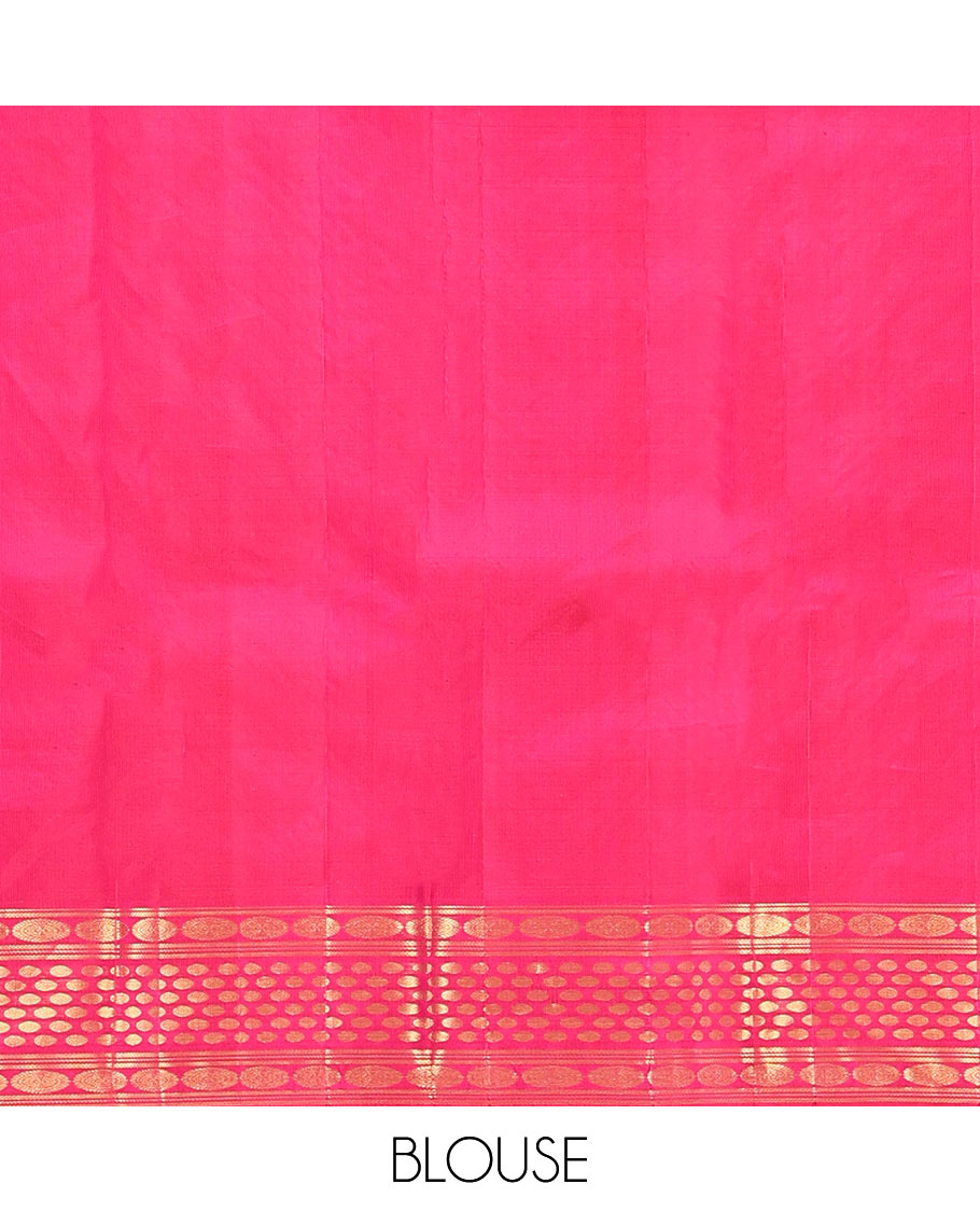Pink Kanchipuram Wedding Silk Saree, Elegantly Highlighted with Jacquard Design on Its Body, Highlighted by Zari Border of Kathir, Chakram, and Rudraksham Designs, Grand Jaal Pallu, and Paired with a Matching Blouse