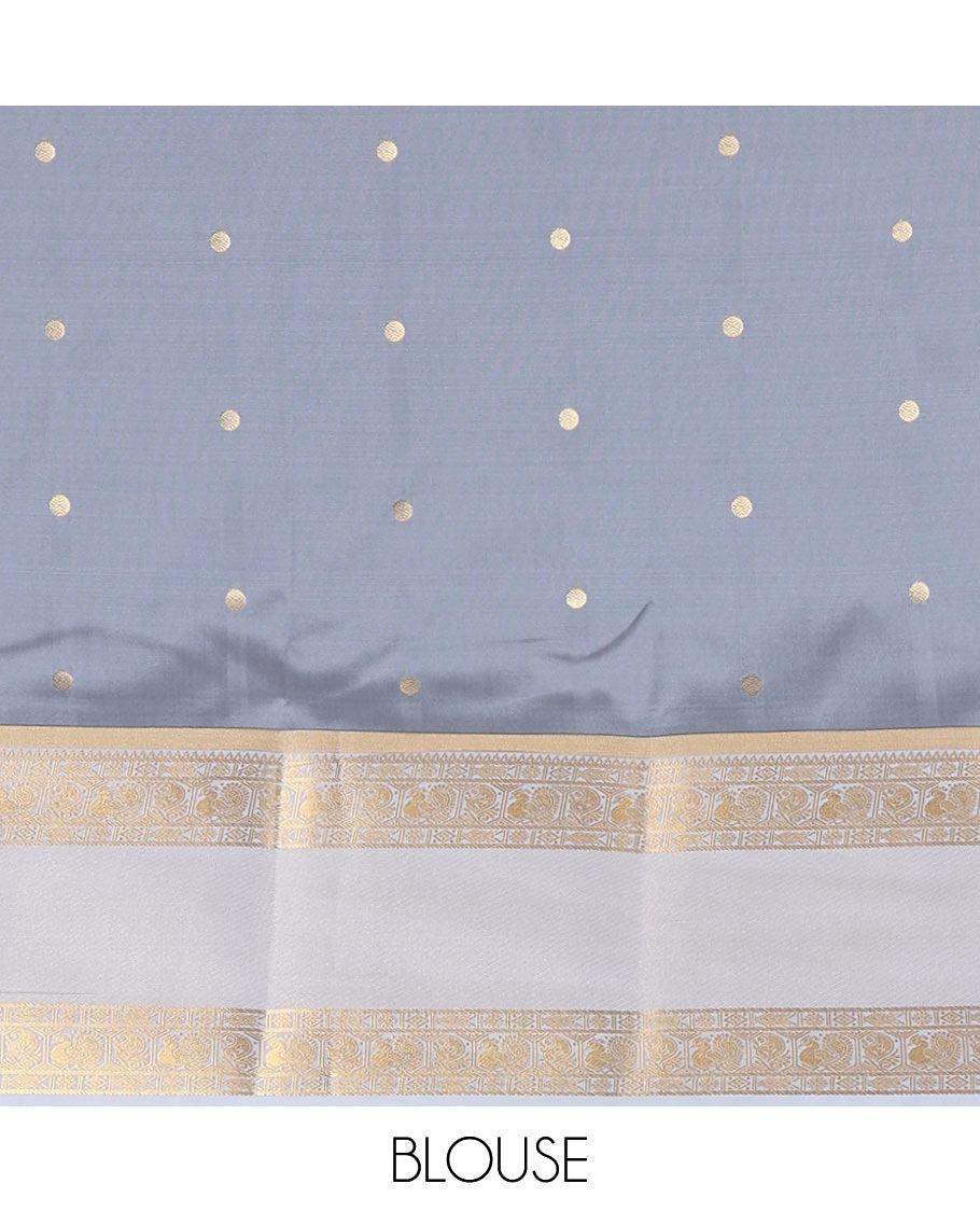 Navy blue buttas soft silk saree , contrast peacock and mango zari weaving border , contrast weaving rich pallu and contrast Blouse