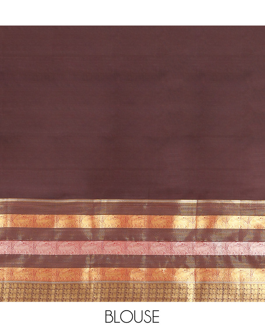 Grey Vasundhara Lite Silk Mix Saree, Elegantly Decked up with Zari Buttas on Its Body, Complemented by a Contrast Border of Muthu, Stripes, Yaali, and Mayil Designs, Intricately Designed Pallu, and Paired with a Contrast Blouse