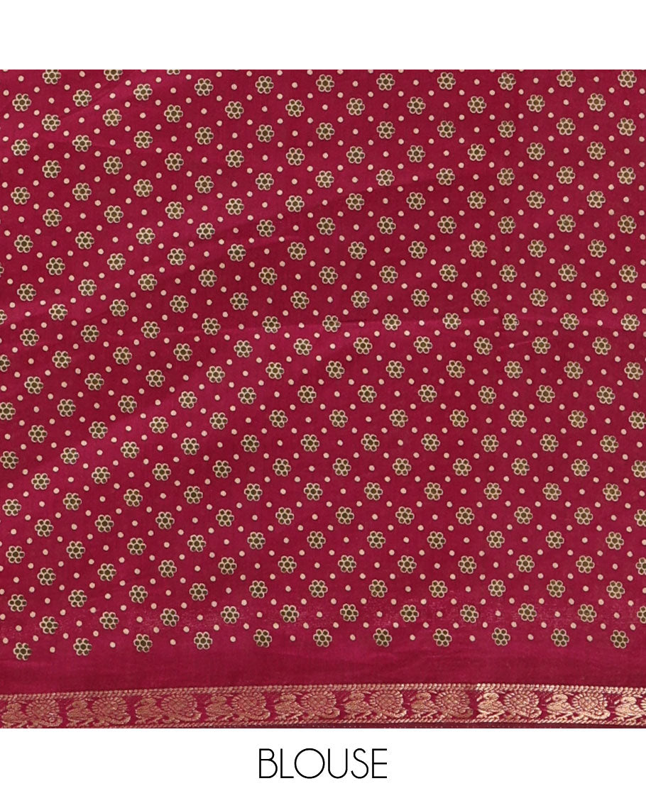 Olive green diamond patterns Shibori-style printed muslin cotton saree, contrast elephant motifs printed border, batik elephant motifs pallu & contrast flower buttas printed blouse
