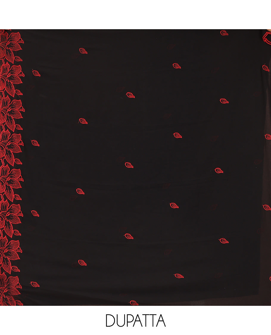Black-Red Georgette Material Churidar Features Leaf Embroidered Top, a Plain Bottom, Thread Embroidered Dupatta