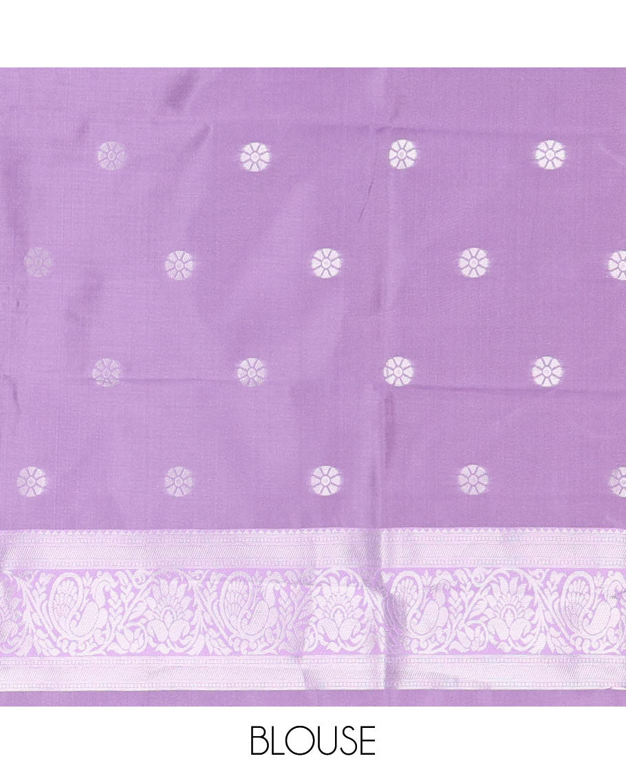 Violet vertical striped & parrot motifs kanchi silk saree, contrast satin temple border, zari-rich jaal pallu & contrast zari design blouse