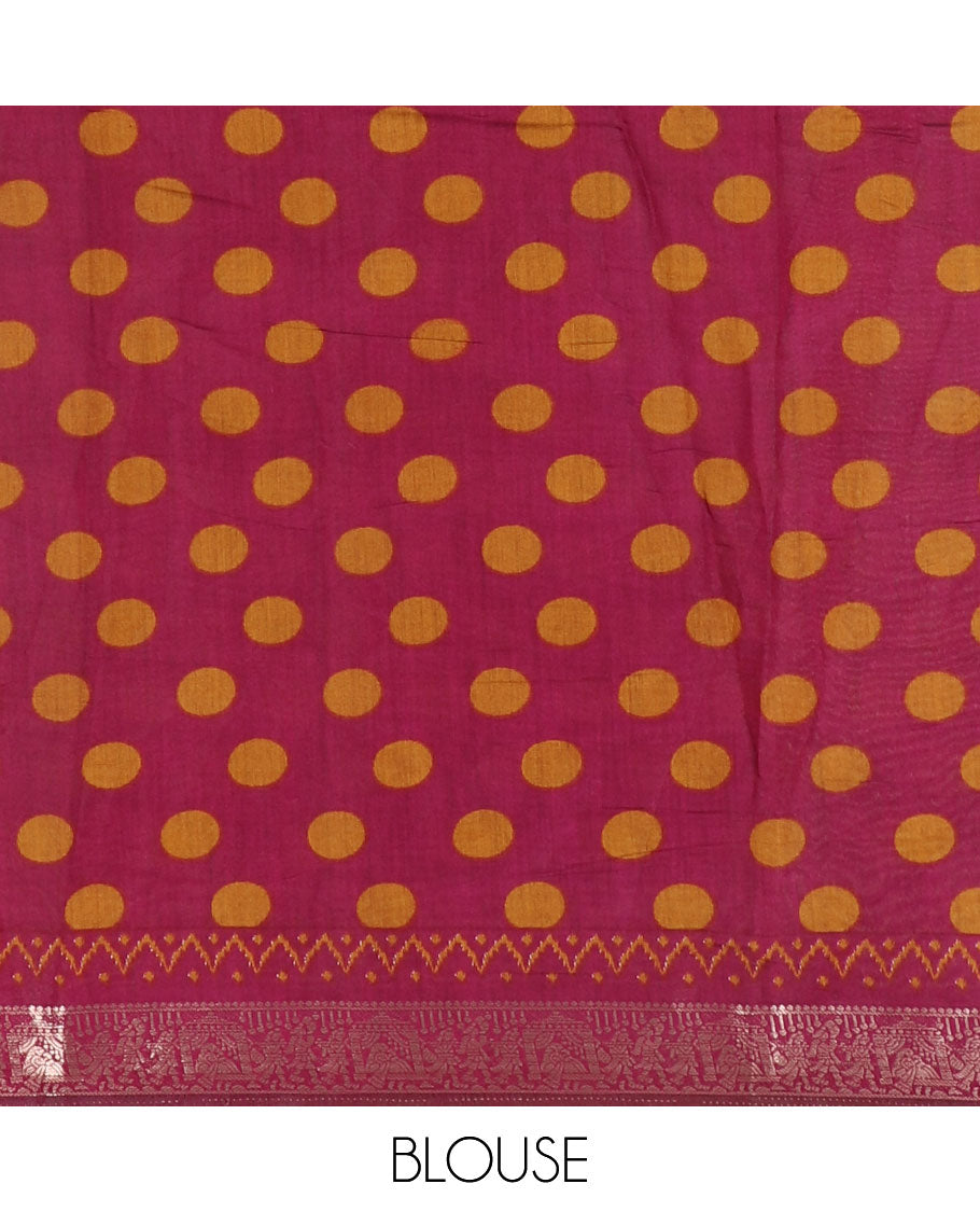 Mustard kalamkari floral vine and peacock printed muslin cotton saree, contrast zari border, kalamkari peacock printed pallu, and a contrast coin buttas printed blouse