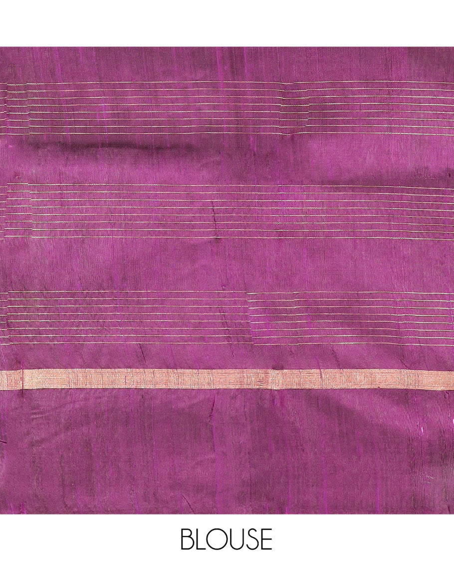 Purple Dupion Silk Saree, Enriched with Zari Buttas and Checks All Over Its Body, Highlighted by a Zari Border of Floral-Leaf Designs, Pallu Delicately Woven with Chevron Designs, and Paired with a Matching Blouse