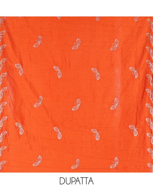 Rust Material Chudidhar Set, Highlighted with an Floral Motifs Embroidered on its Vichitra Silk Top, Plain Santoon Bottom, and Vichitra Silk Dupatta of Leaf Motifs Embroidery