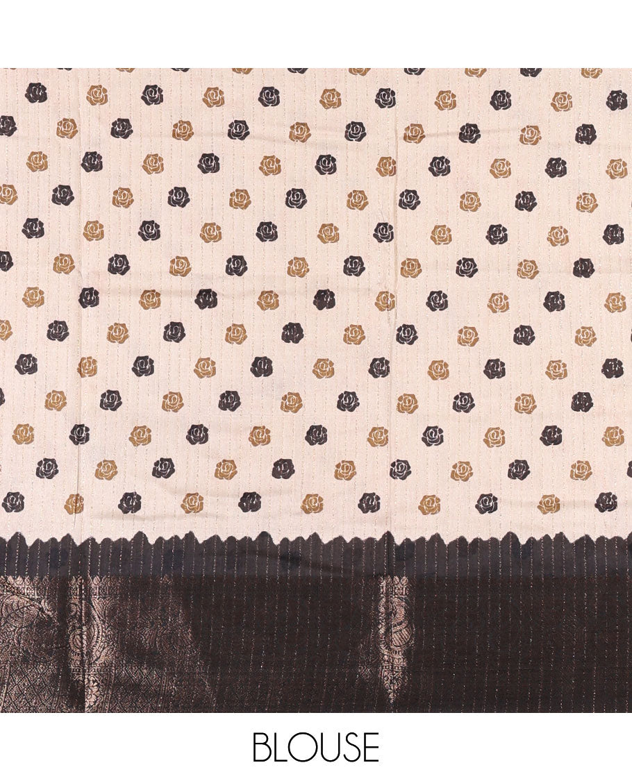 Chikku golden zari stripes, and floral vine printed dola silk saree, contrast traditional temple zari border, and floral printed pallu