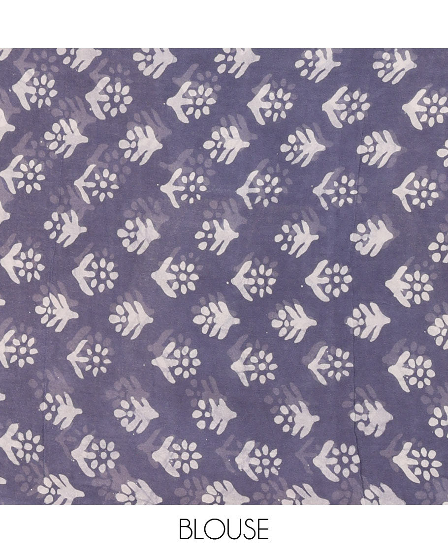 Grey leaf batik printed georgette saree, batik-printed striped border, floral-geometric batik printed pallu & batik printed blouse