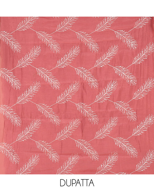 Onion Pink Mul Chanderi Material Churidar Set, V-Neck Thread Embroidered Top, a Matching Bottom, a Thread Leaf Embroidered Dupatta