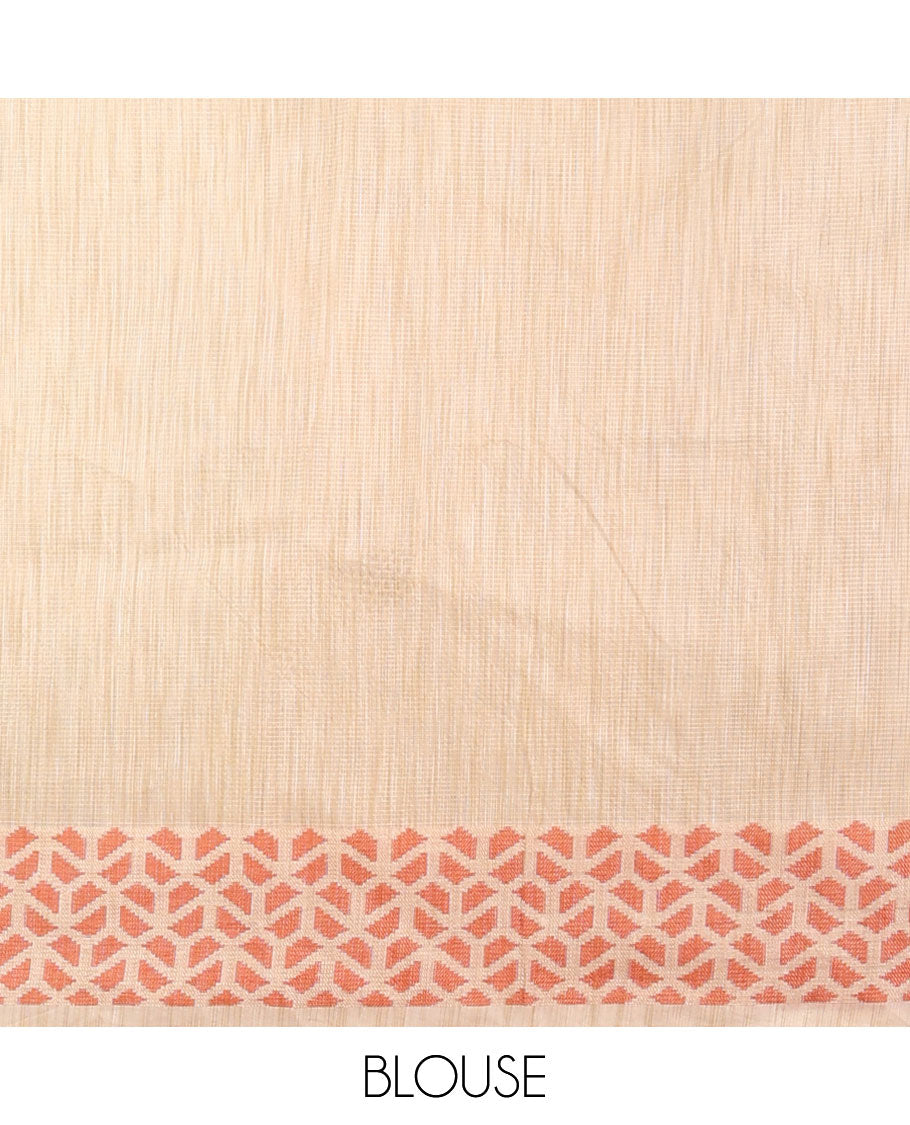 Cream with orange thread weaving design banaras kota checks saree, geometric thread border & plain pallu along with plain blouse