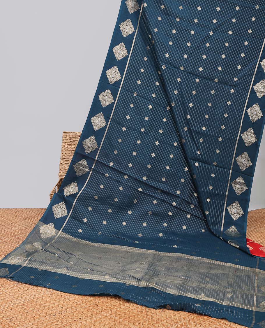 Blue striped, geometric mushru silk saree with self geometric motifs border & striped zari pallu