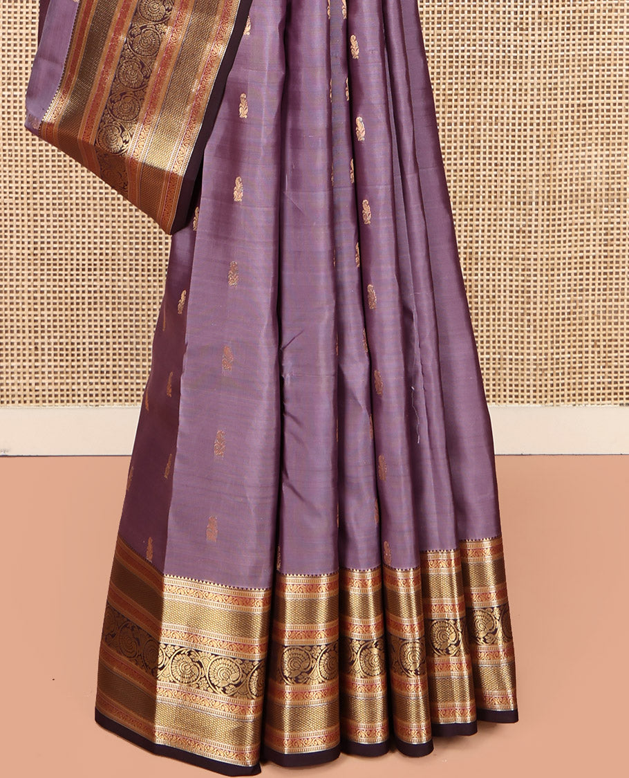 Lavender Vasundhara Lite Silk Mix Saree, Mesmerized with Zari Buttas, a Contrast Border of Rekku, Muthu, Mayil Kann, and Dhavana Kodi, Jaal Pallu, and a Contrast Blouse