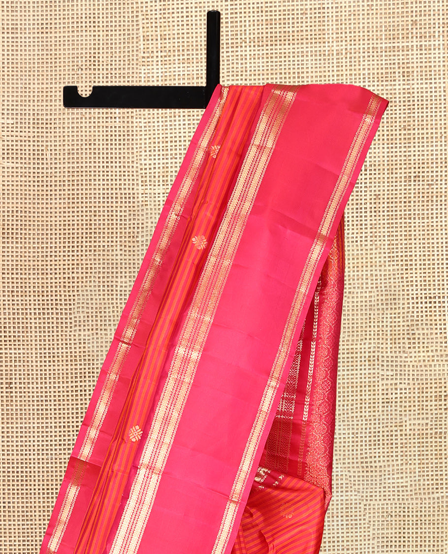 Red Kanchipuram Silk Saree, Subtly Woven with Stripes and Buttas, Highlighted by a Rettai Pettu Border of Ara Bogudi, and Kathir Designs, Ogee Pallu, and a Matching Blouse