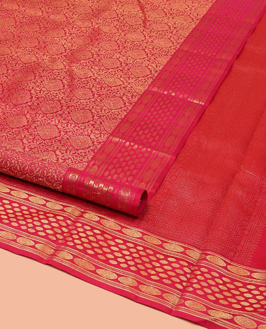 Pink Kanchipuram Wedding Silk Saree, Elegantly Highlighted with Jacquard Design on Its Body, Highlighted by Zari Border of Kathir, Chakram, and Rudraksham Designs, Grand Jaal Pallu, and Paired with a Matching Blouse