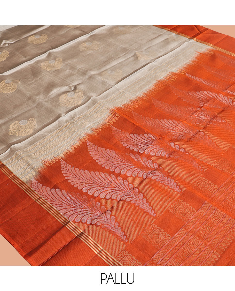 Grey Mayuri Lite Silk Mix Saree, Woven with Zari Buttas on Its Body, Complemented by a Contrast Border of Unique Designs, Intricately Designed Pallu, and Paired with a Contrast Blouse