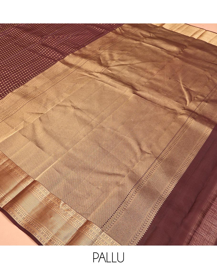 Brown Vasundhara Lite Silk Mix Saree, Masterfully Woven with Zari Buttas All Over Its Body, Highlighted by a Zari Border of Rettai Neli, Poun, Banaras, Manga, and Mayil Kann Designs, Grand Pallu, and Paired with a Matching Blouse