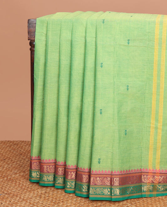 Green thread buttas Chettinad cotton saree, contrast traditional design woven border & pallu with buttas & stripes