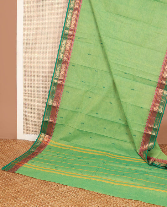 Green thread buttas Chettinad cotton saree, contrast traditional design woven border & pallu with buttas & stripes