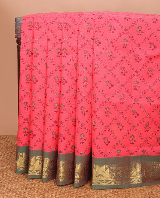 Pink floral jaal printed Andhra cotton saree, contrast traditional zari motif border & zari pallu of paisleys