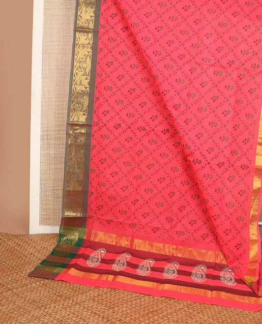 Pink floral jaal printed Andhra cotton saree, contrast traditional zari motif border & zari pallu of paisleys