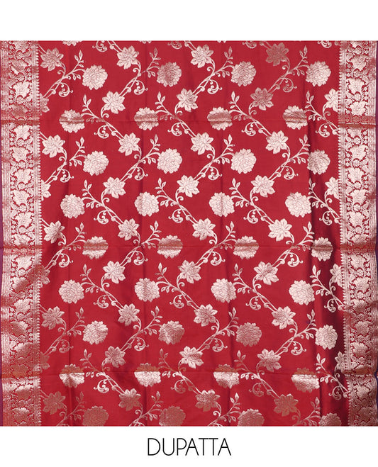 Maroon banarasi material chudidar set, zari buttas woven top, plain bottom, and floral jaal taffeta silk dupatta