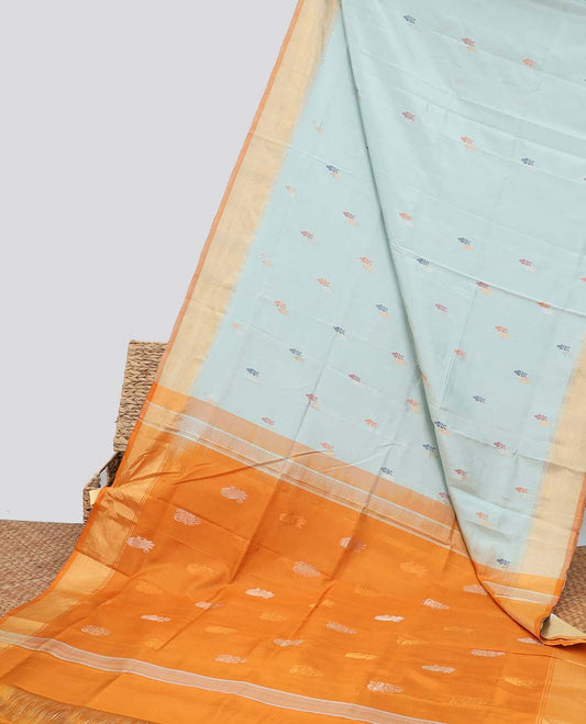 Light blue motifs uppada silk saree with contrast zari border & striped,floral design pallu