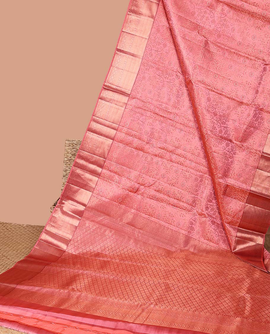 Red floral jacquard kancheepuram silk saree with contrast zari border & argyle zari design pallu